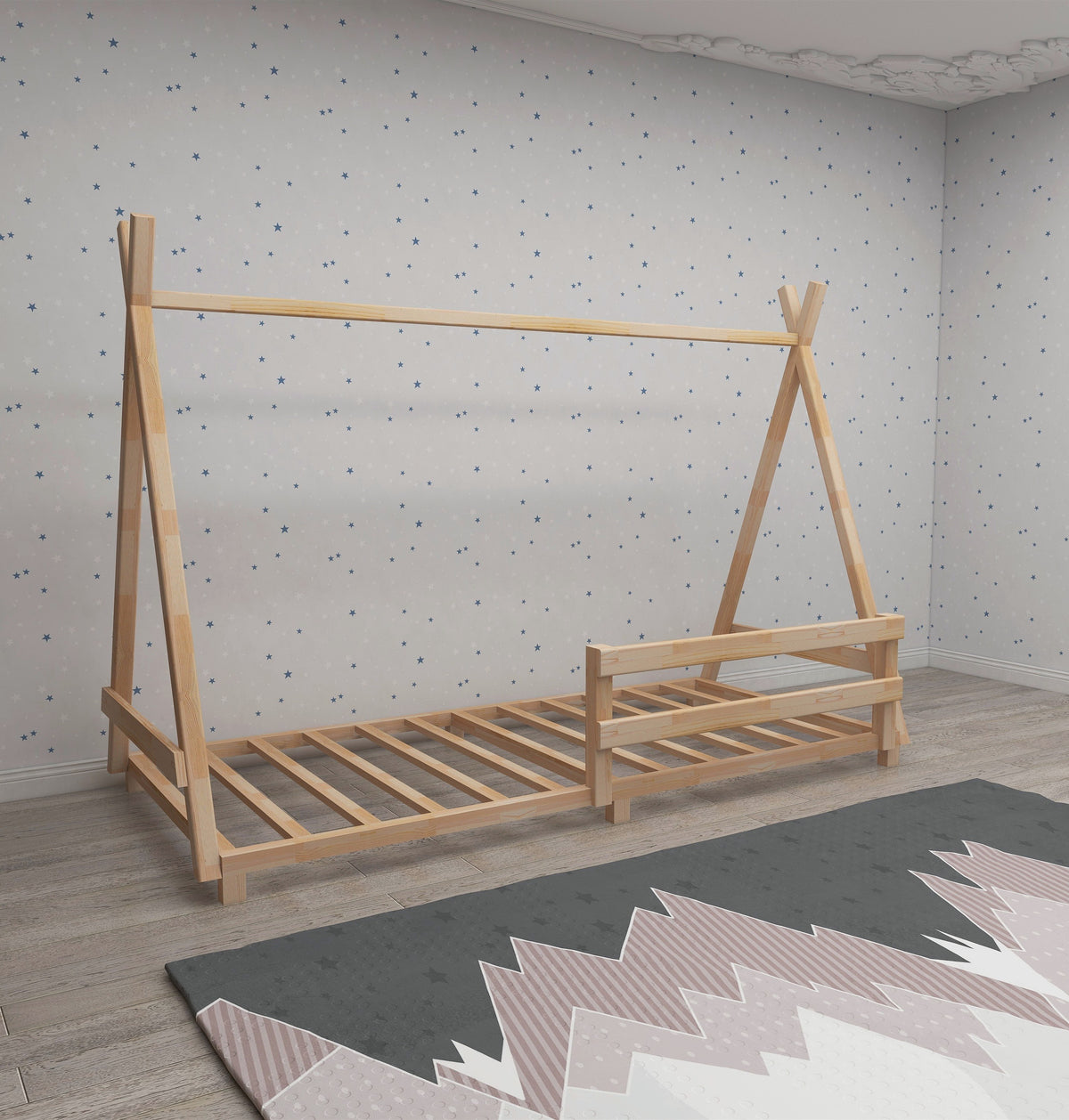 Montessori Floor Bed Frame Solid Pine Wood Kids Toddler Bedstead, 200x140x90 cm