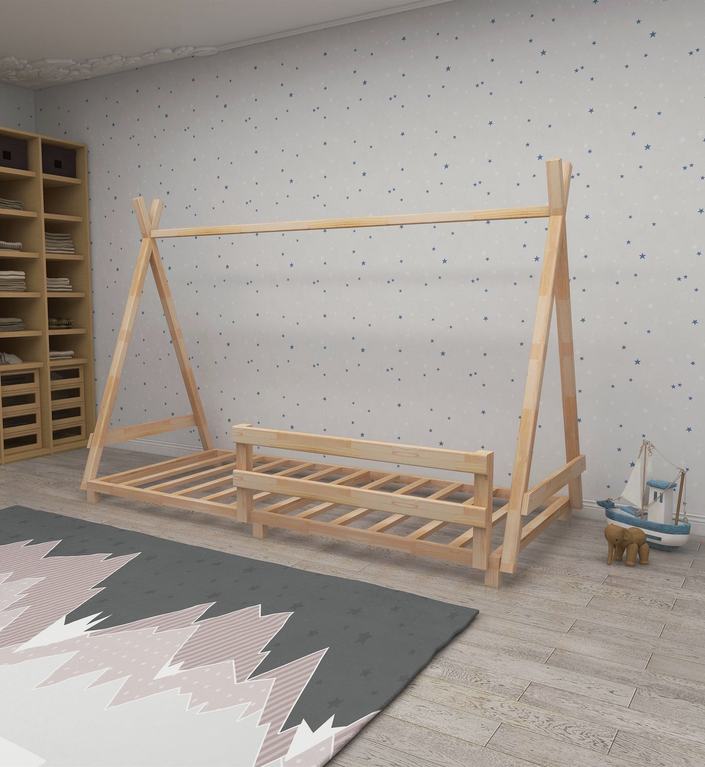 Montessori Floor Bed Frame Solid Pine Wood Kids Toddler Bedstead, 200x140x90 cm