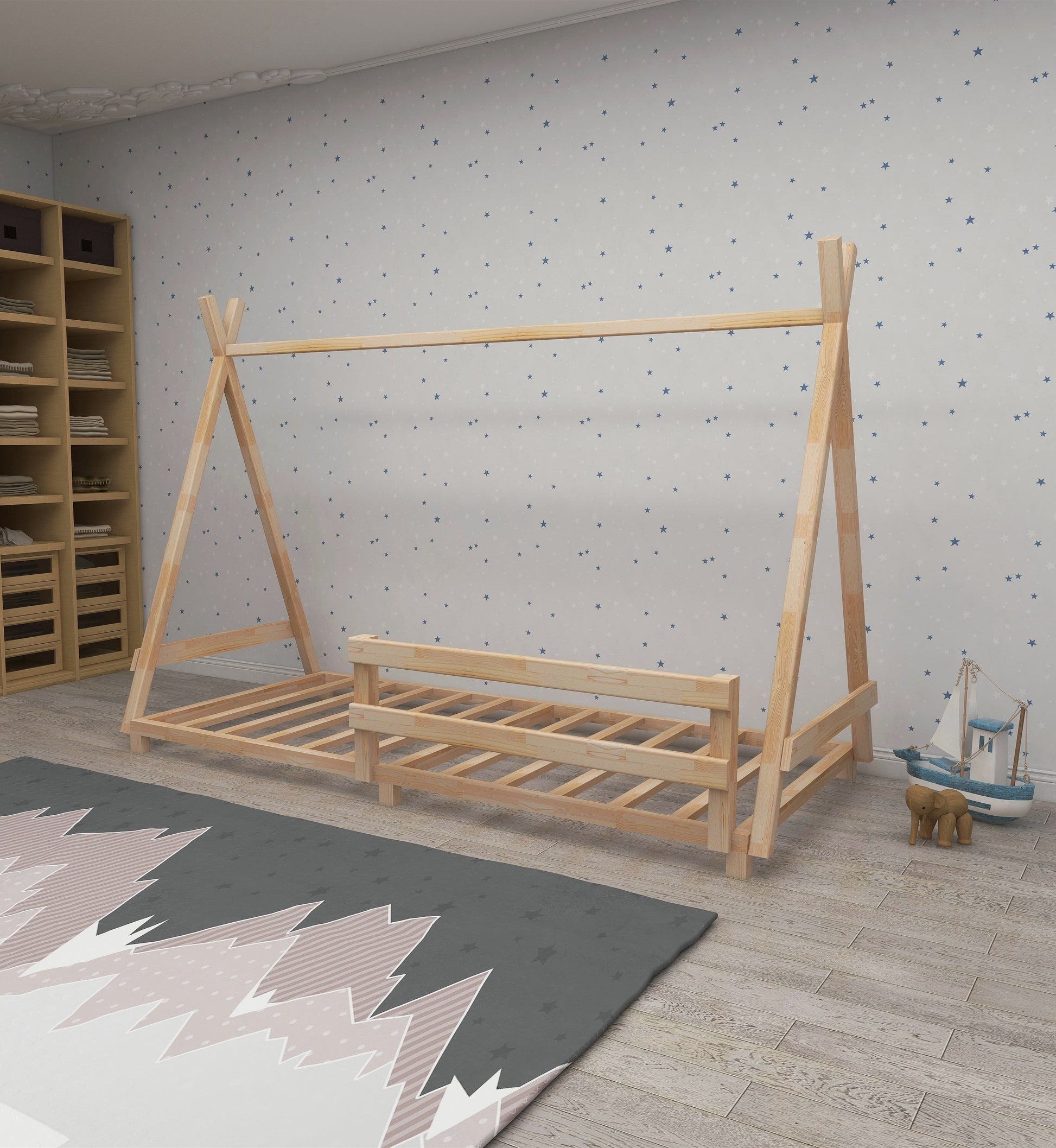 Montessori Floor Bed Frame Solid Pine Wood Kids Toddler Bedstead, 200x140x90 cm