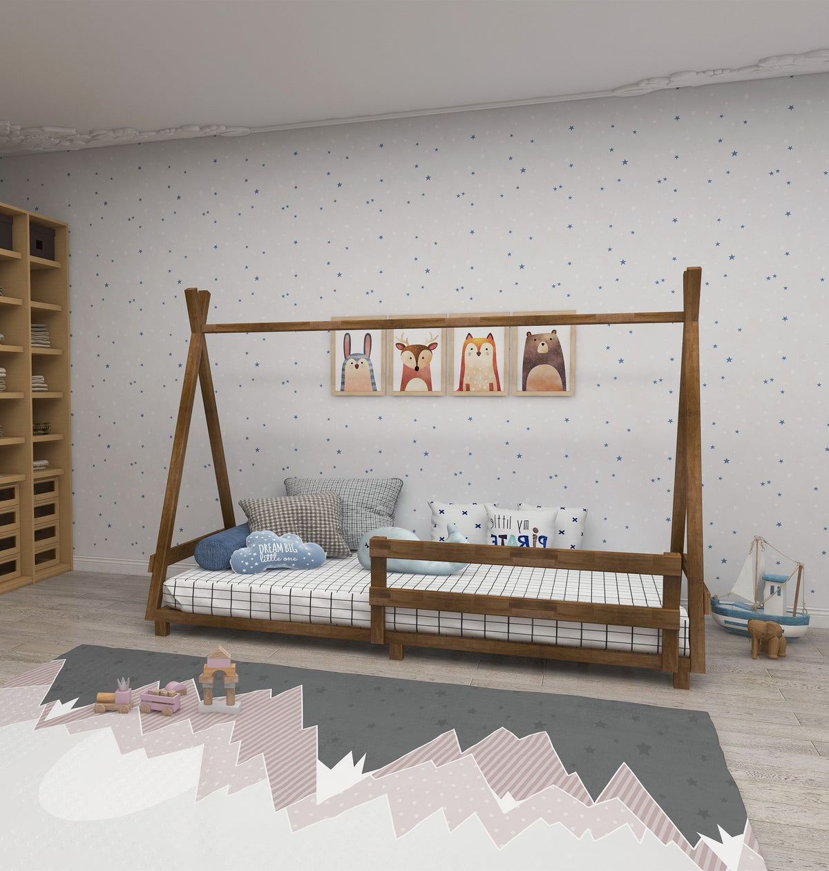 Montessori Floor Bed Frame Solid Pine Wood Kids Toddler Bedstead, 200x140x90 cm