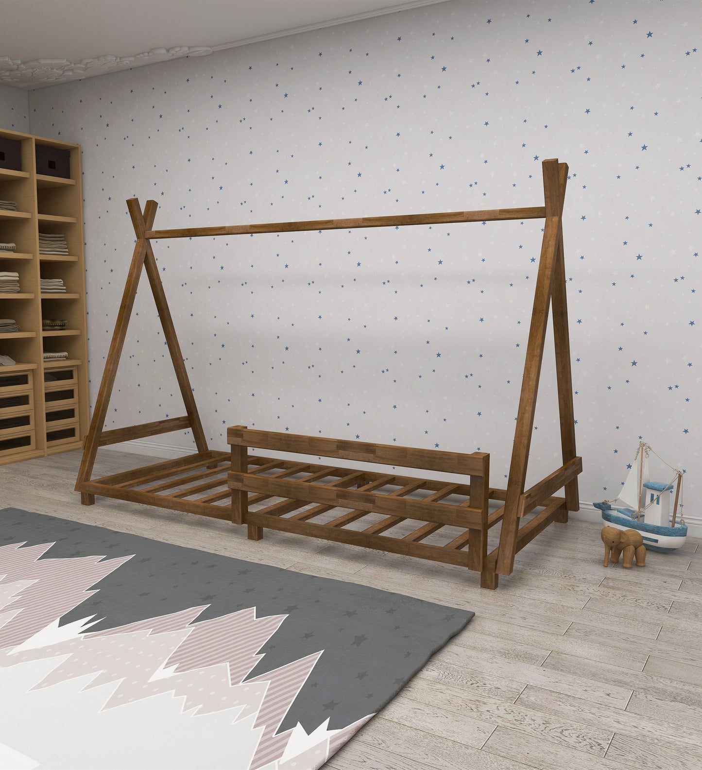 Montessori Floor Bed Frame Solid Pine Wood Kids Toddler Bedstead, 200x140x90 cm