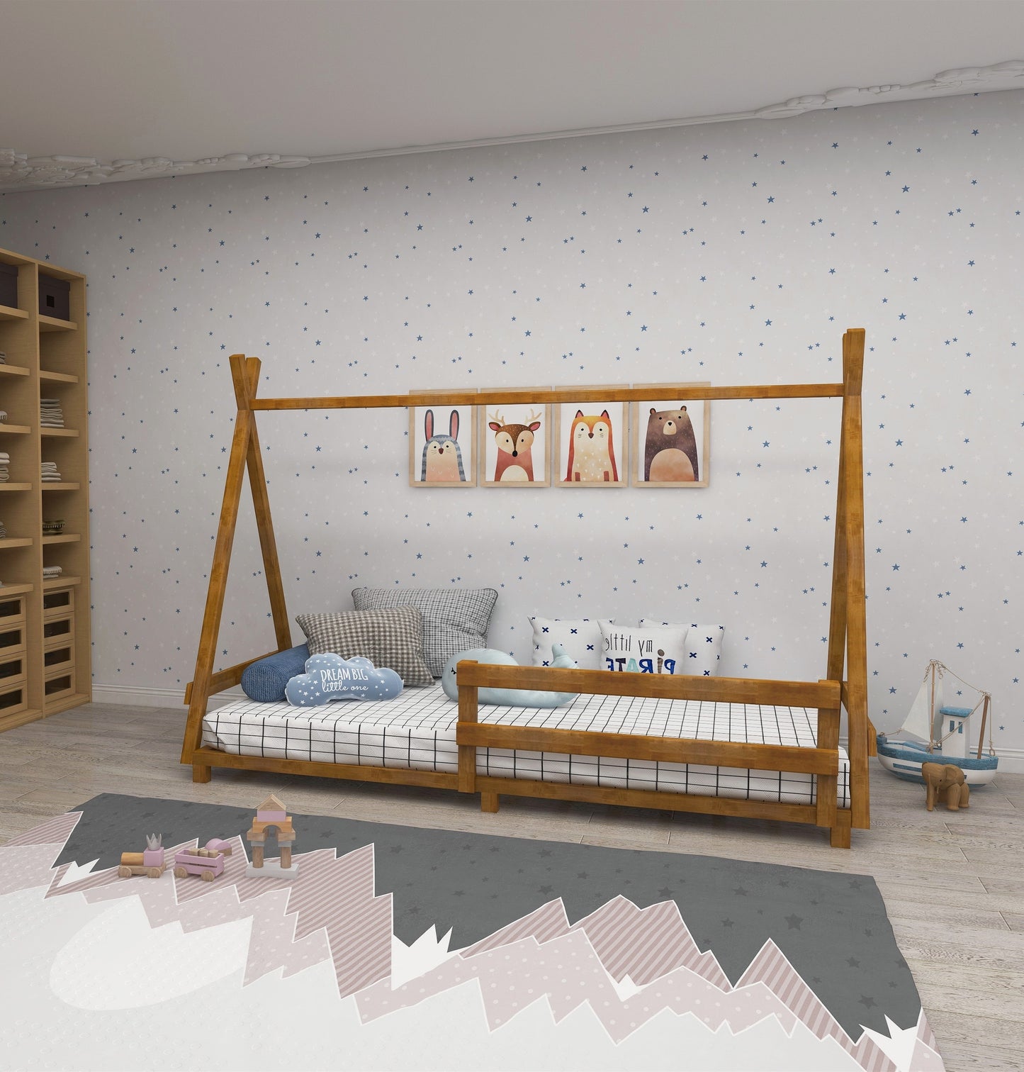 Montessori Floor Bed Frame Solid Pine Wood Kids Toddler Bedstead, 200x140x90 cm