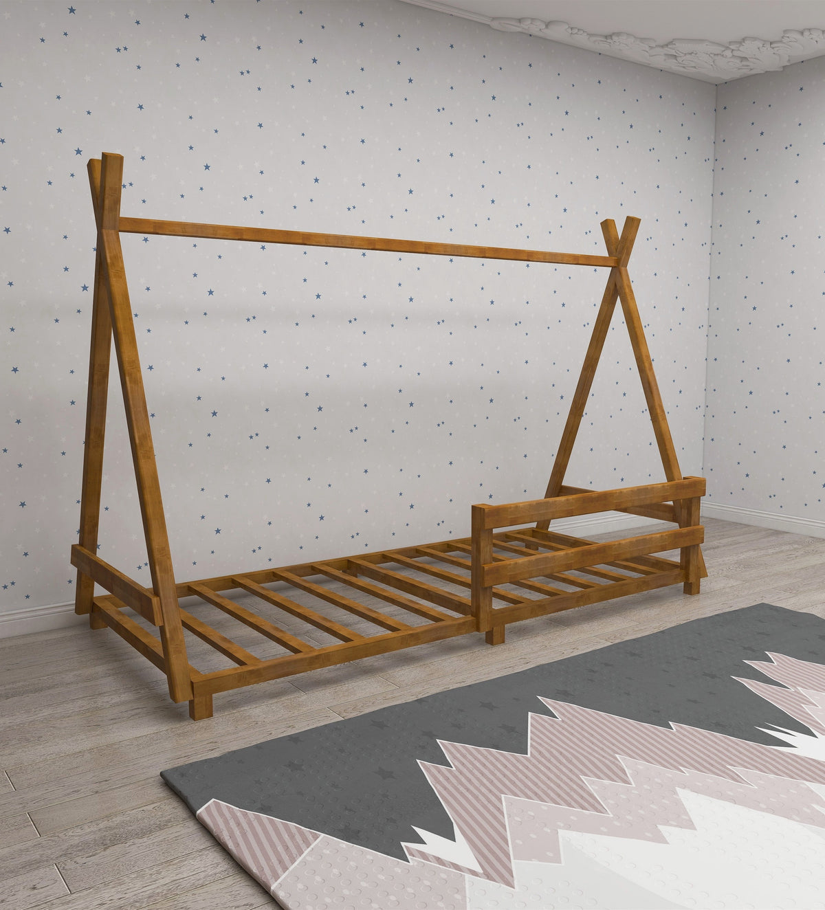 Montessori Floor Bed Frame Solid Pine Wood Kids Toddler Bedstead, 200x140x90 cm