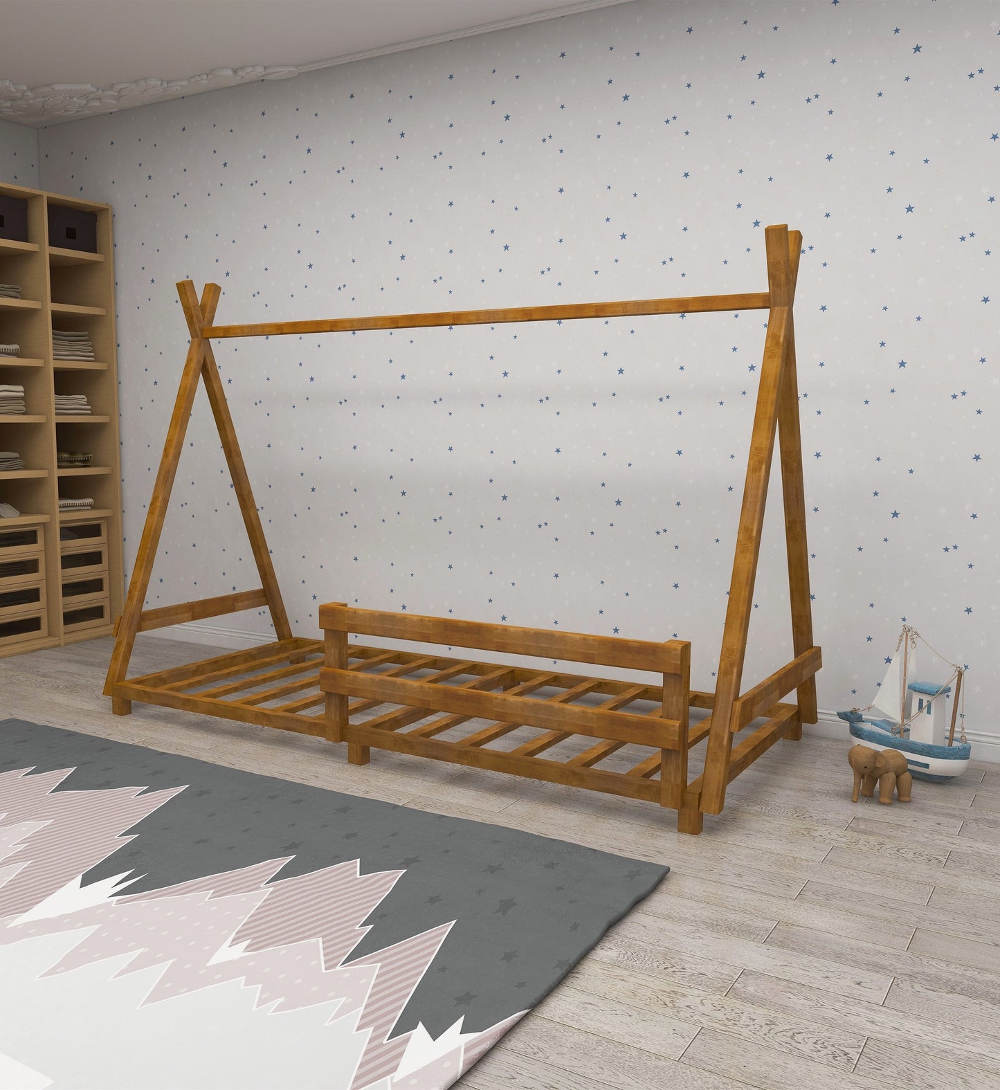Montessori Floor Bed Frame Solid Pine Wood Kids Toddler Bedstead, 200x140x90 cm