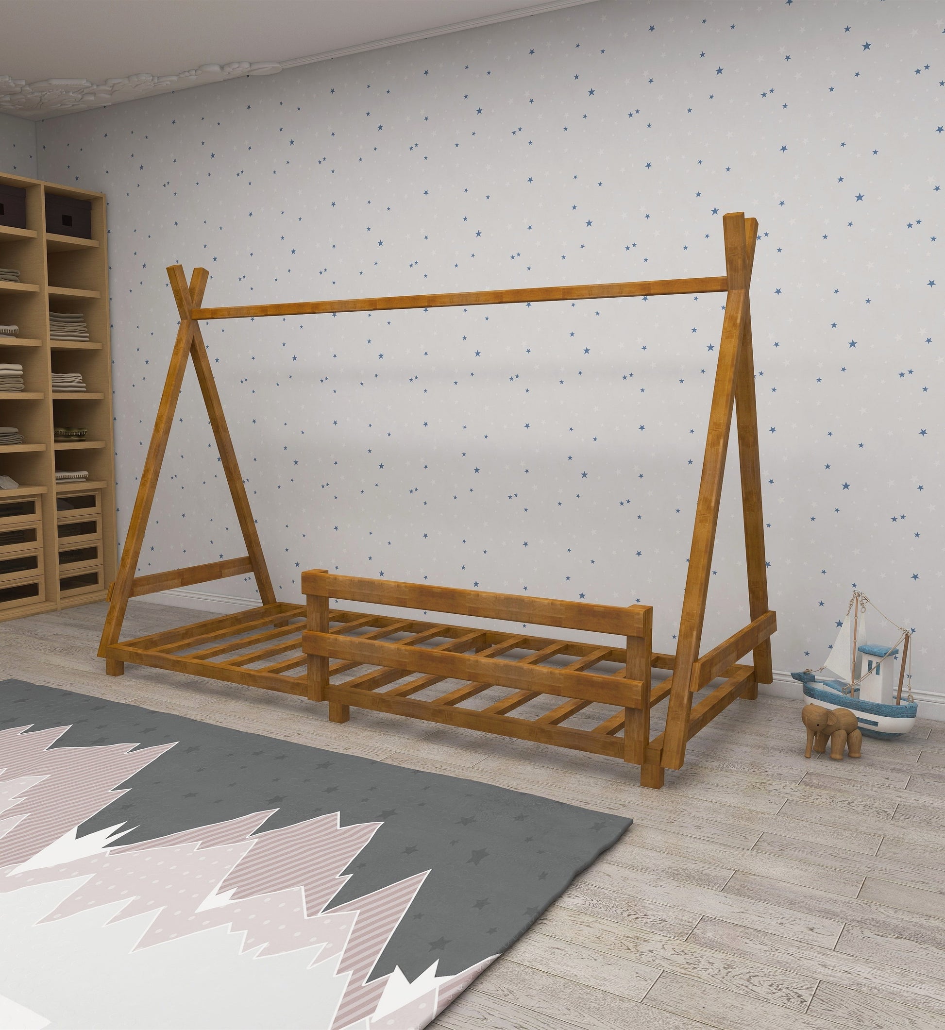 Montessori Floor Bed Frame Solid Pine Wood Kids Toddler Bedstead, 200x140x90 cm