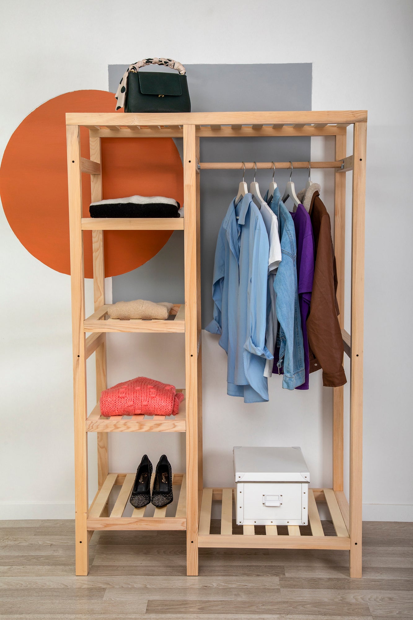 Solid Pine Wood Handmade Open Wardrobe with Shelves and Hanger Randa 55