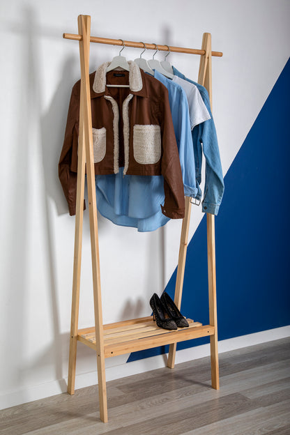 Ilara Solid Pine Wood Handmade Coat Hanger Rack with a Shoe Storage Shelf