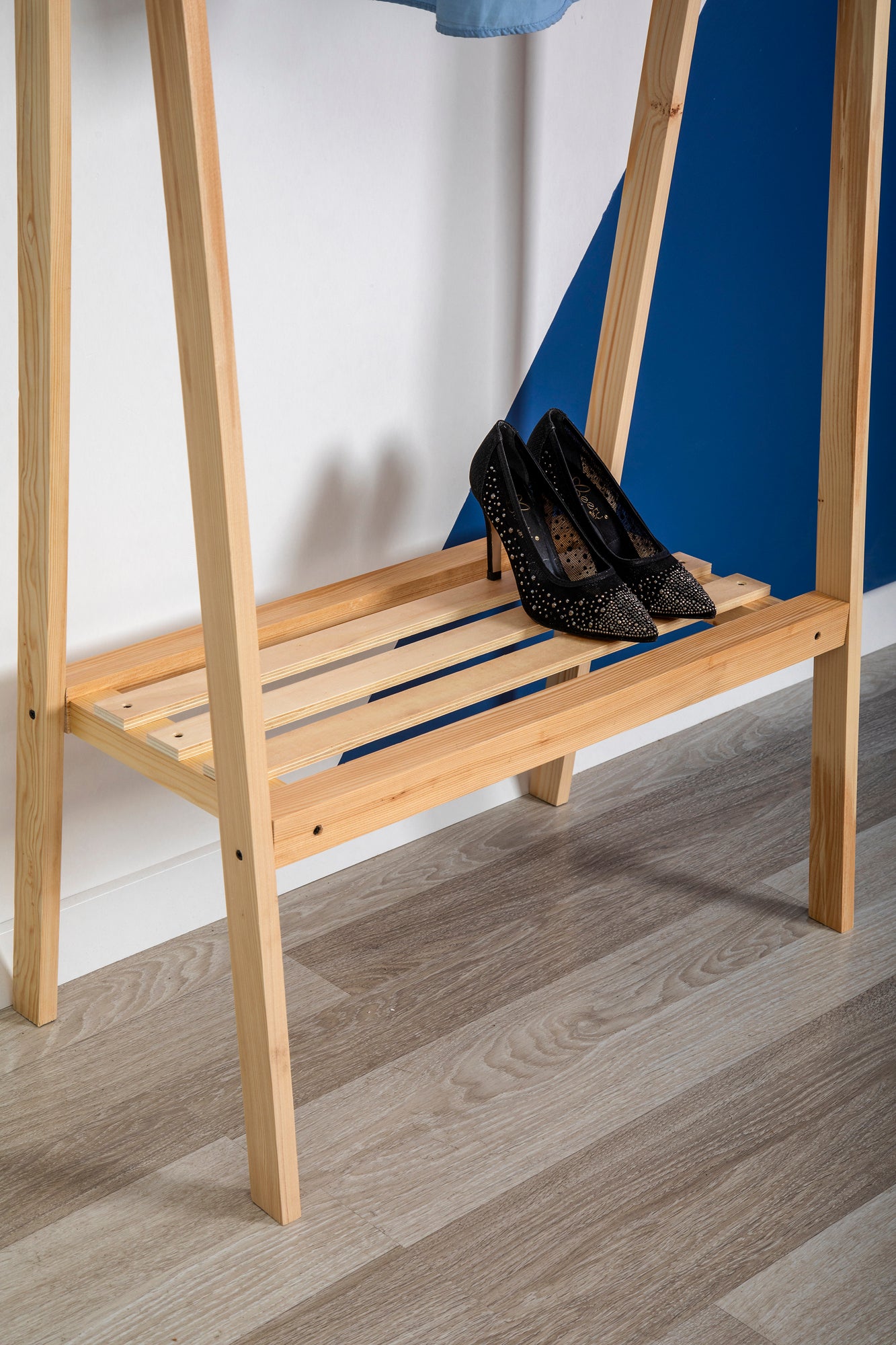 Ilara Solid Pine Wood Handmade Coat Hanger Rack with a Shoe Storage Shelf