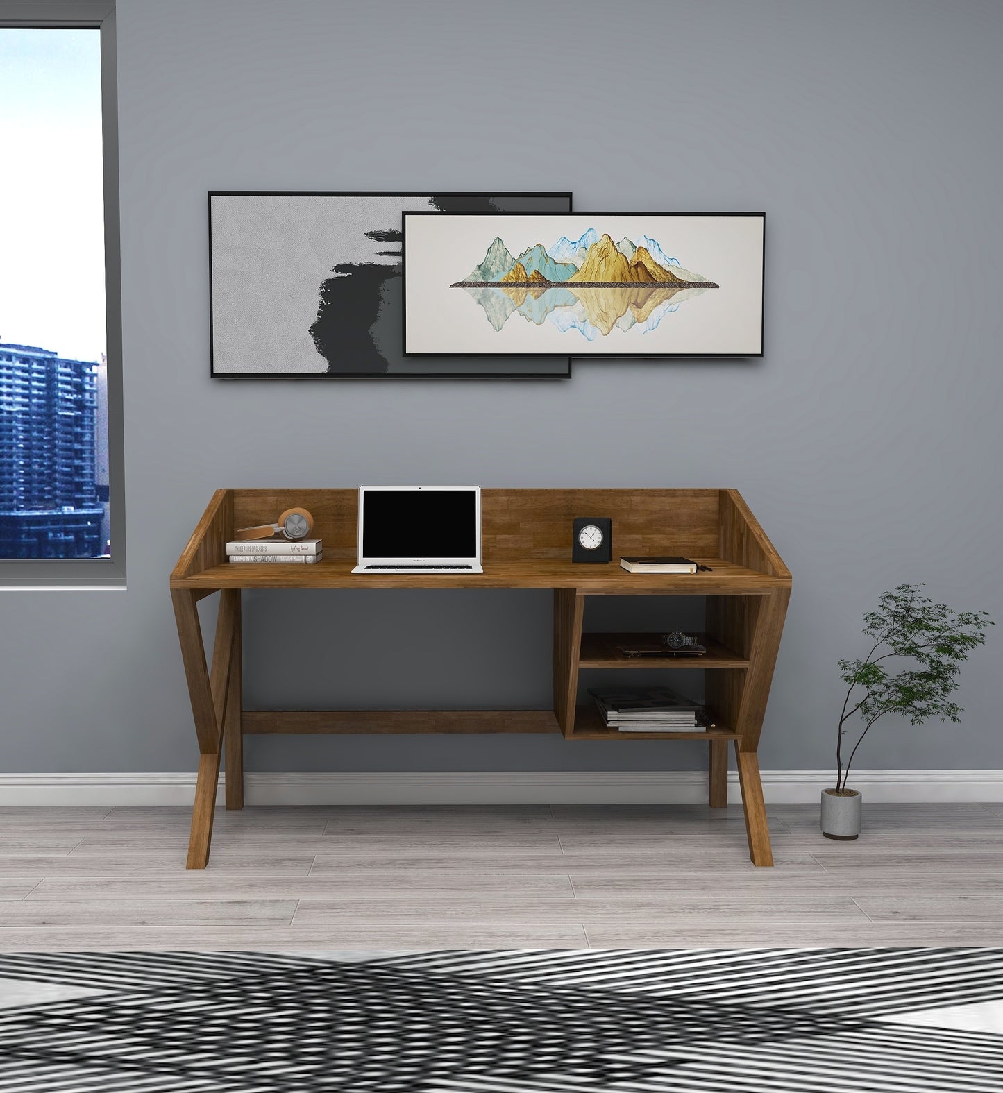 Solid Pine Wood Handmade Computer Desk with Front Bar and Shelves Ivo