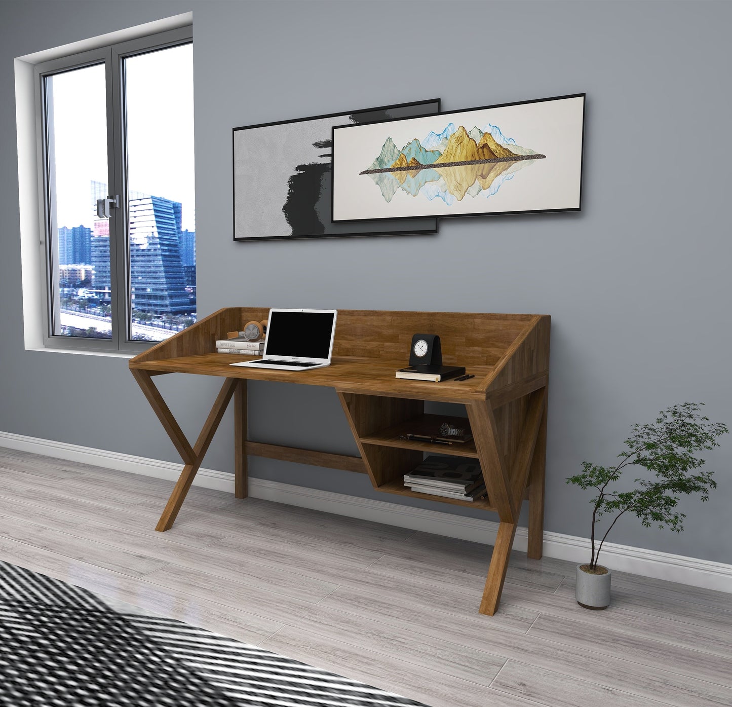 Solid Pine Wood Handmade Computer Desk with Front Bar and Shelves Ivo
