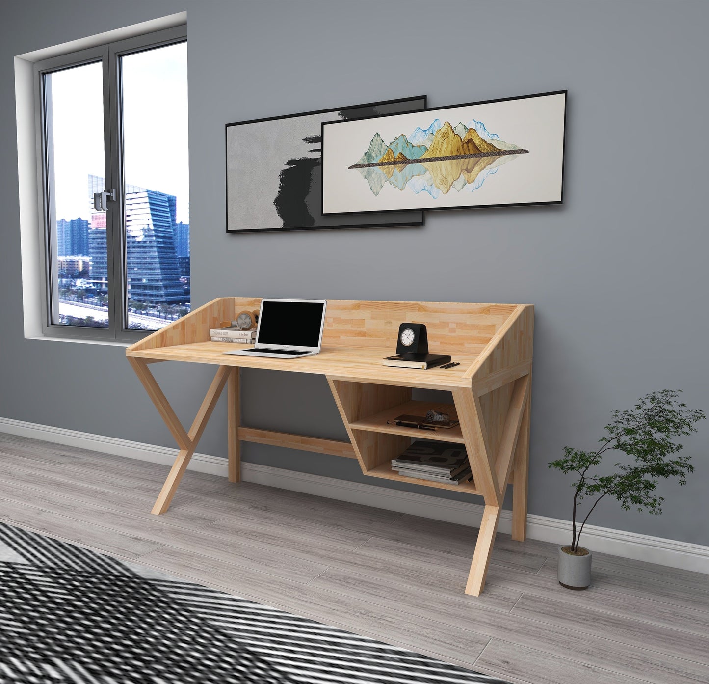 Solid Pine Wood Handmade Computer Desk with Front Bar and Shelves Ivo