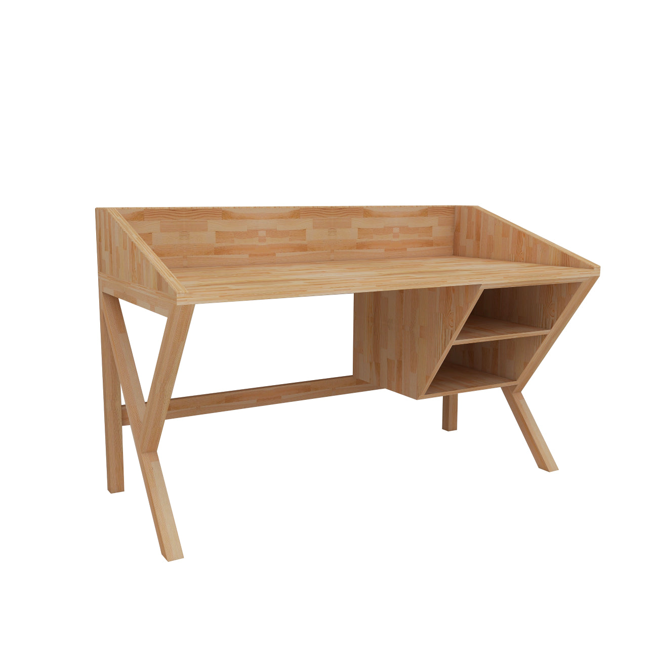 Solid Pine Wood Handmade Computer Desk with Front Bar and Shelves Ivo