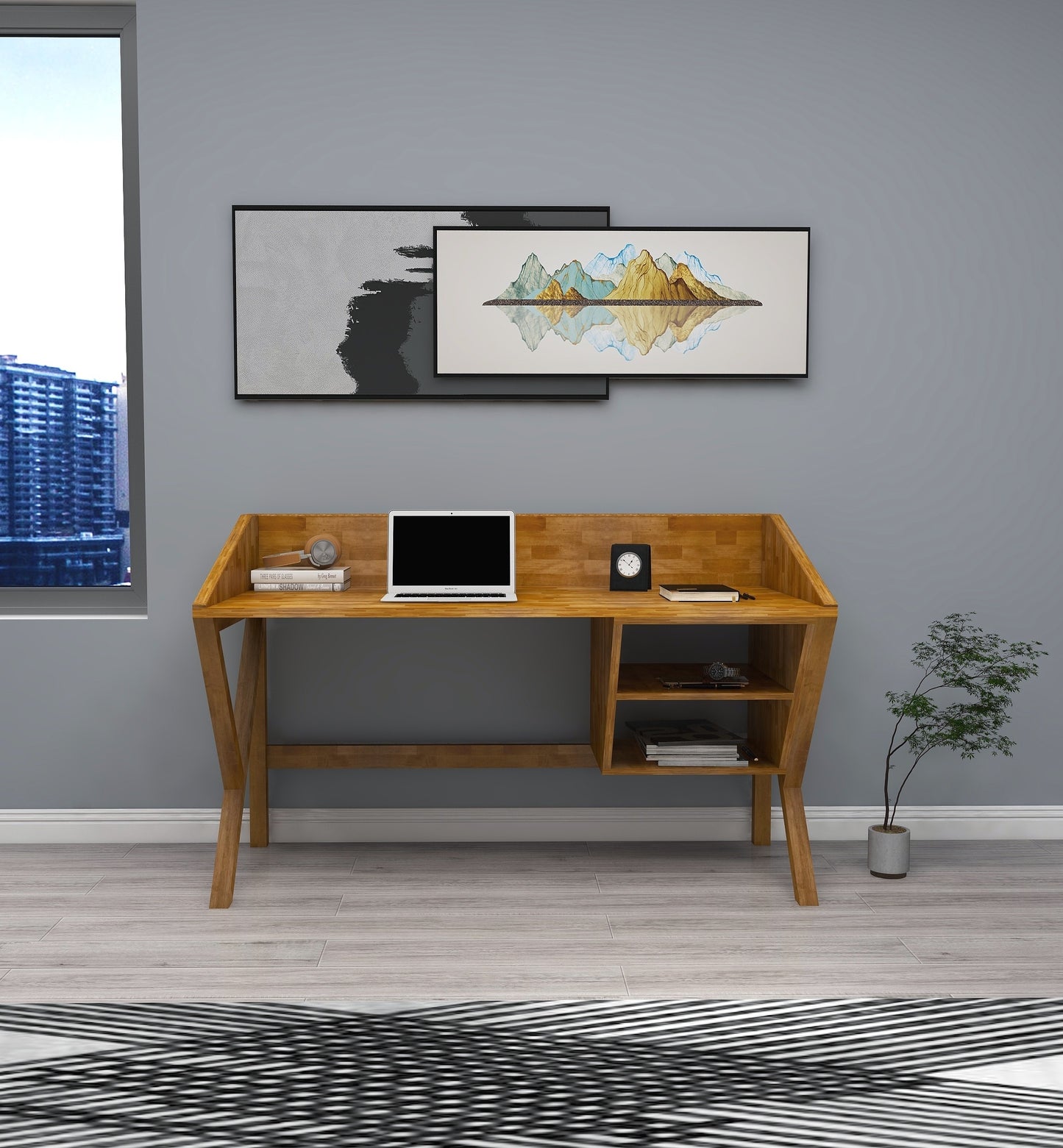 Solid Pine Wood Handmade Computer Desk with Front Bar and Shelves Ivo