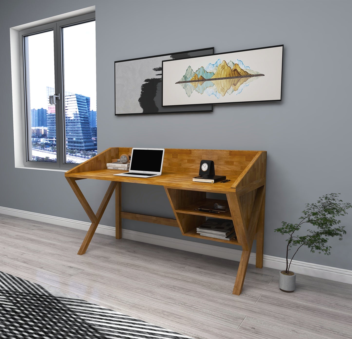 Solid Pine Wood Handmade Computer Desk with Front Bar and Shelves Ivo