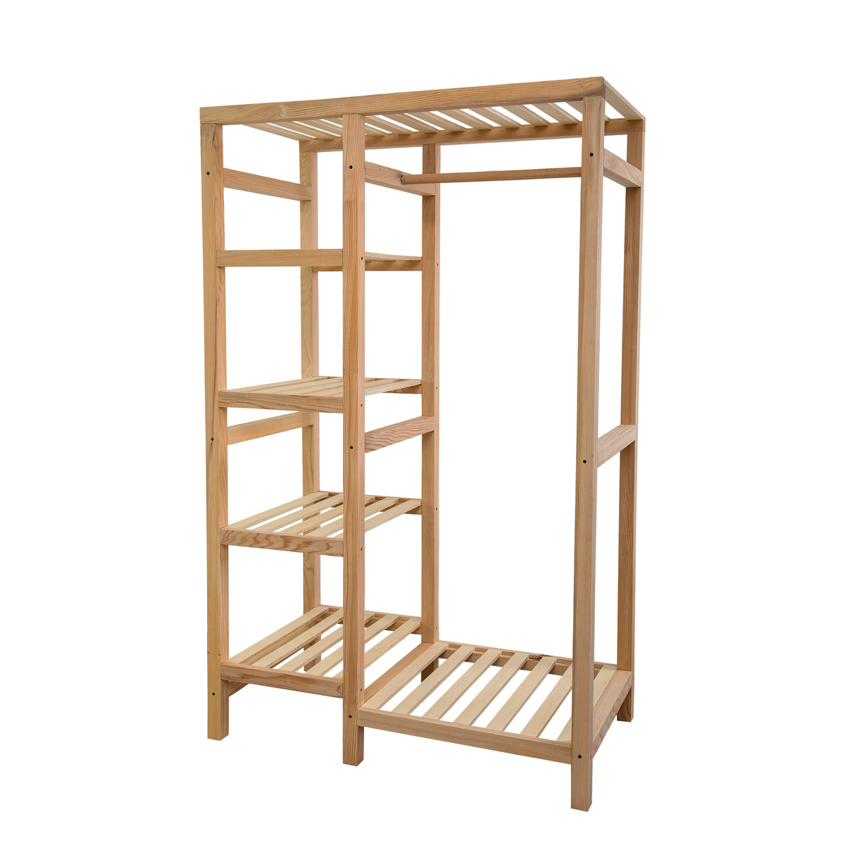 A handmade open wardrobe made of solid pine wood with open shelves and a hanger, with a natural wood finish.
