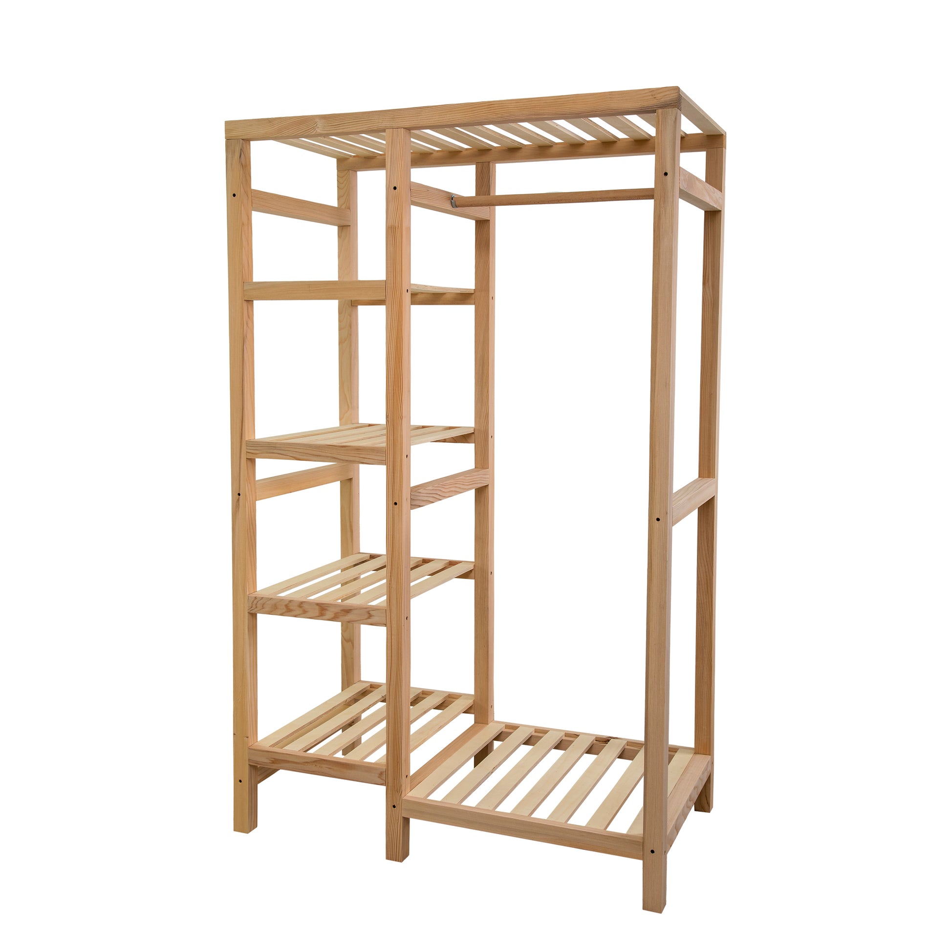 A handmade open wardrobe made of solid pine wood with open shelves and a hanger, with a natural wood finish.