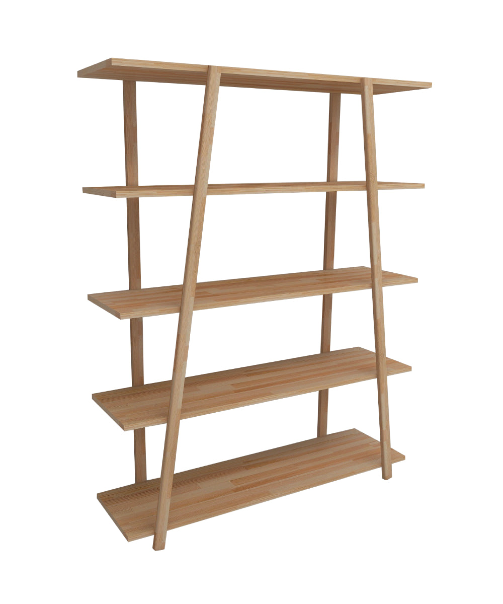 A 5-tier solid pine wood handmade bookshelf with smooth oval wood edges and a varnished finish.