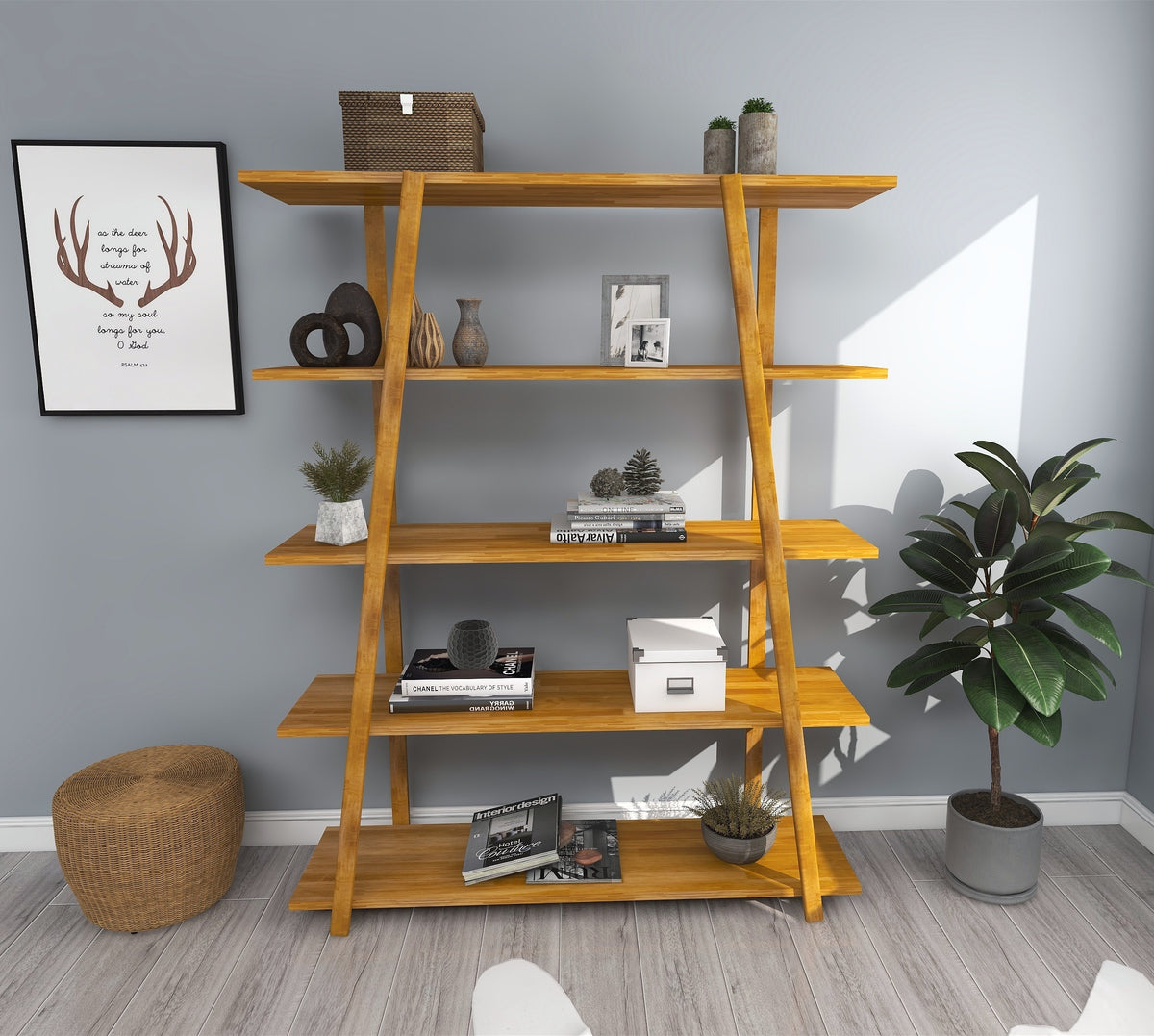 Soft 5 Tier Pine Wood Handmade Bookshelf, 145x115x30 cm-Size image