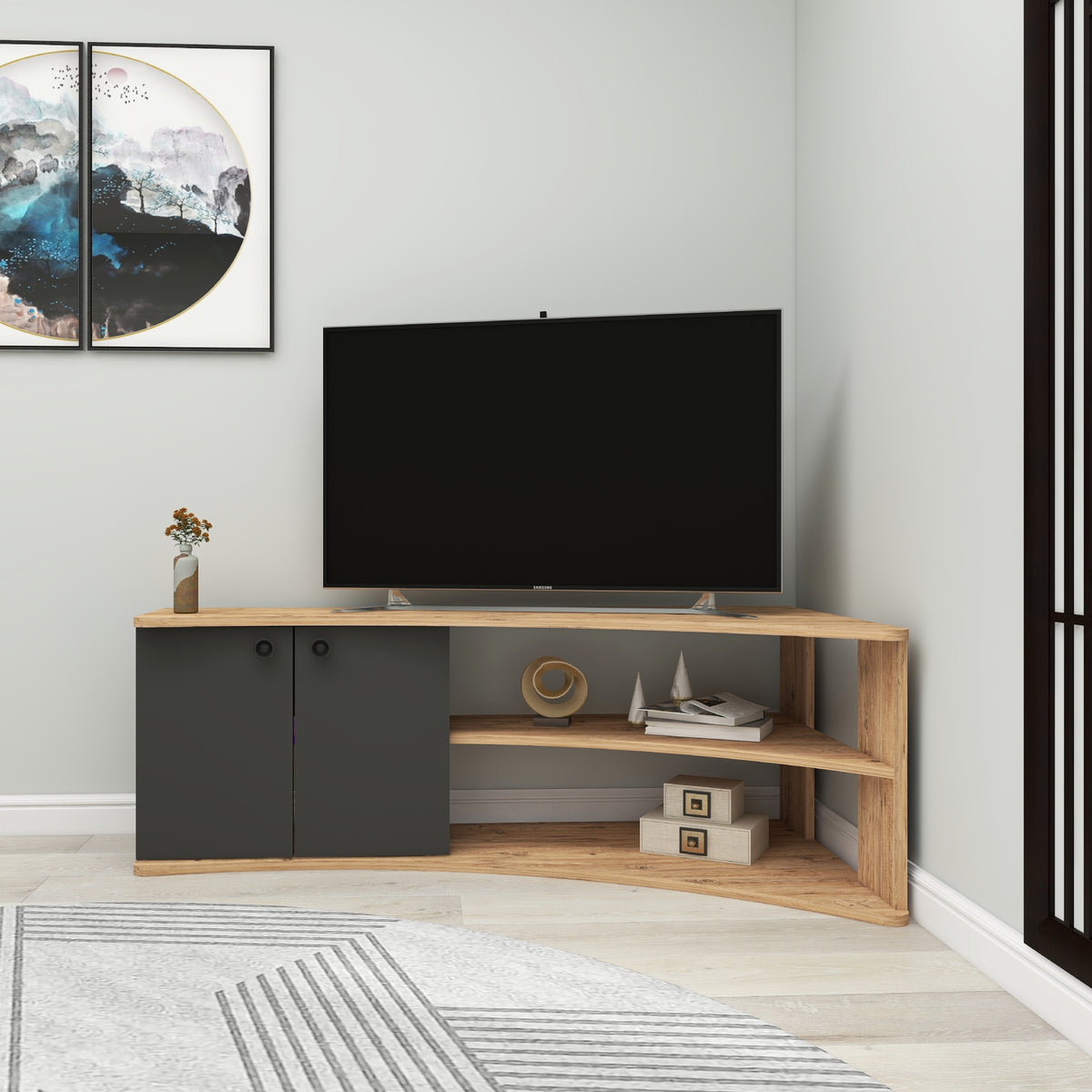 Termera Reversible Corner TV Stand with Storage for TVs up to 60 inches, Atlantic Pine and Anthracite