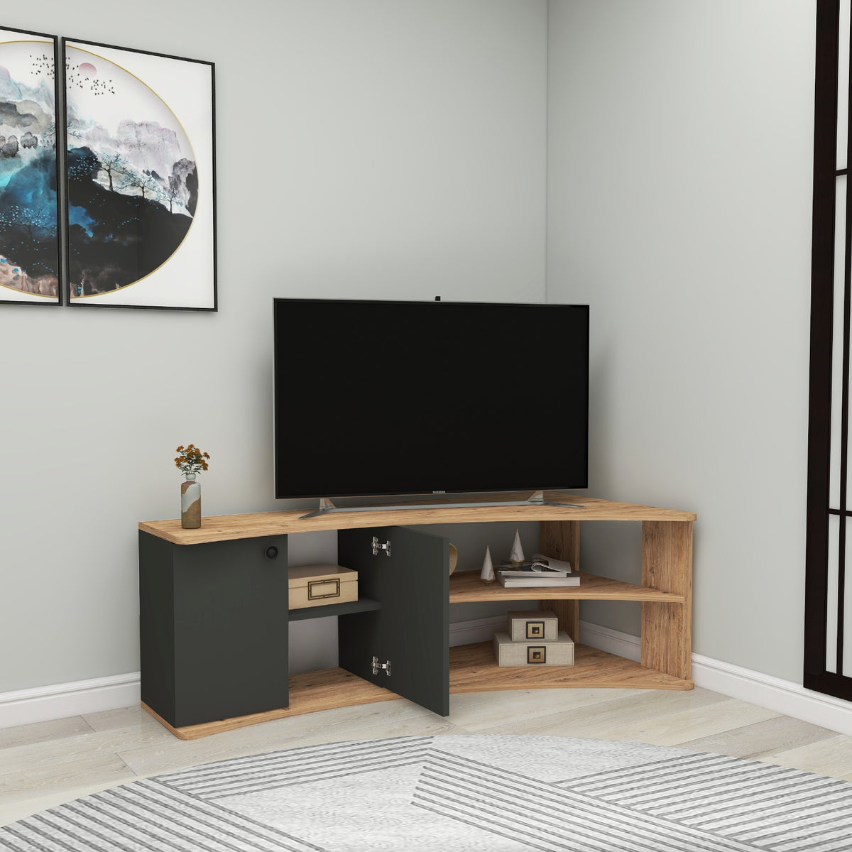 Termera Reversible Corner TV Stand with Storage for TVs up to 60 inches, Atlantic Pine and Anthracite