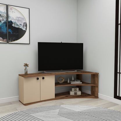 Termera Reversible Corner TV Stand with Storage for TVs up to 60 inches, Light Walnut & Beige
