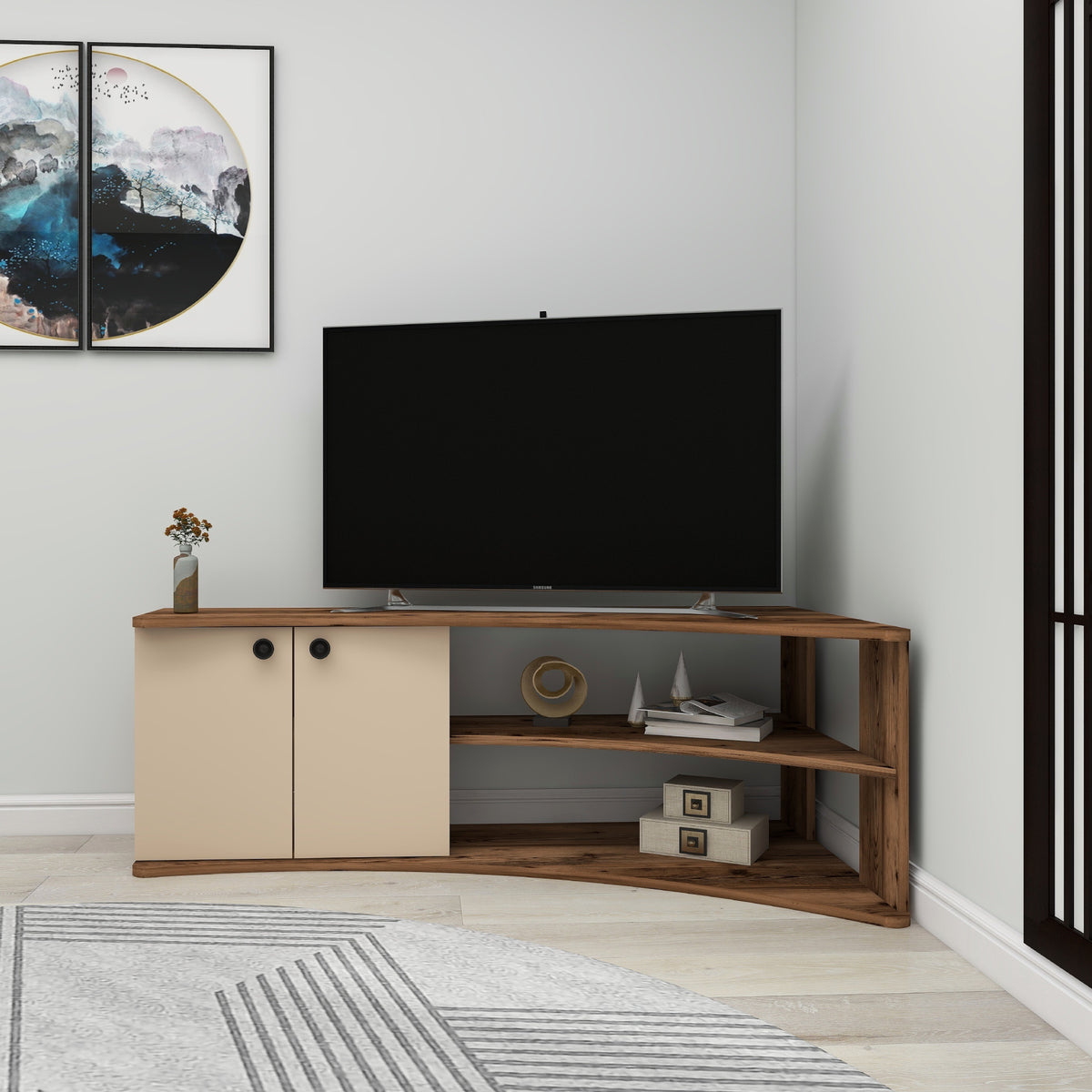 Termera Reversible Corner TV Stand with Storage for TVs up to 60 inches, Light Walnut & Beige