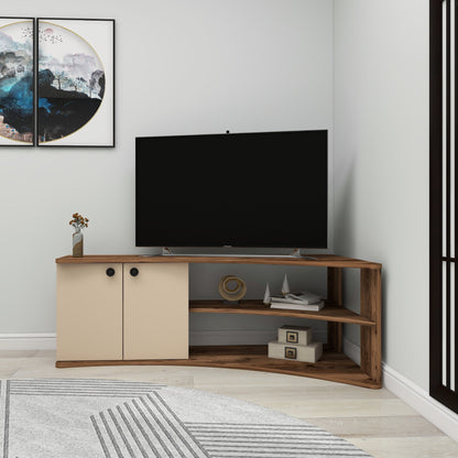 Termera Reversible Corner TV Stand with Storage for TVs up to 60 inches, Light Walnut & Beige