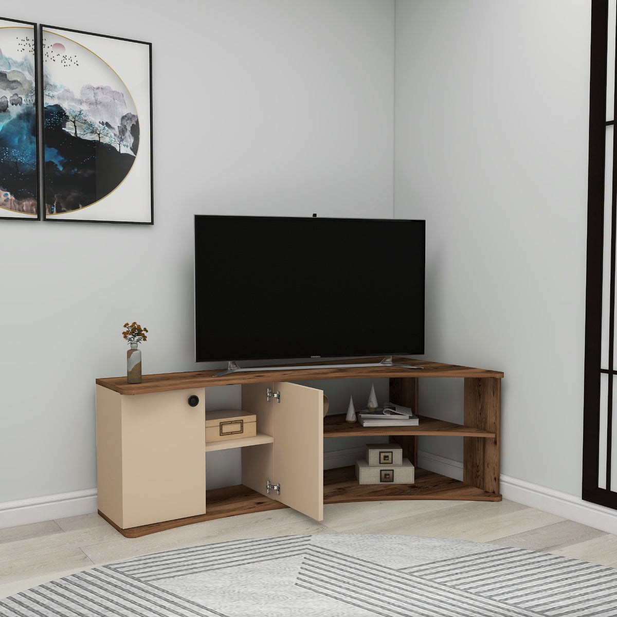 Termera Reversible Corner TV Stand with Storage for TVs up to 60 inches, Light Walnut & Beige