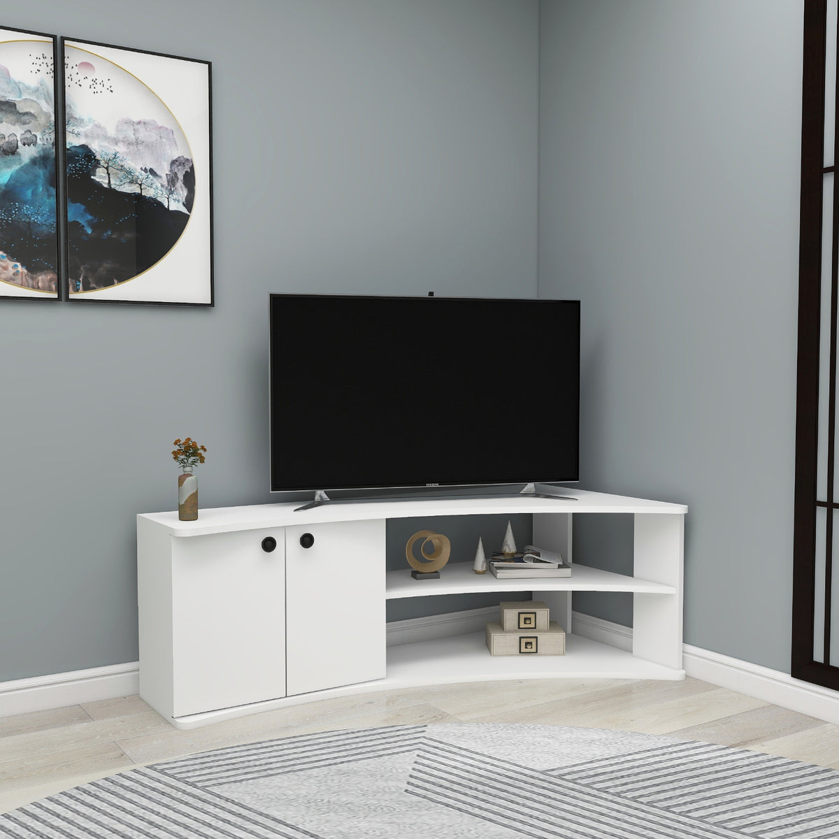 Termera Reversible Corner TV Stand with Storage for TVs up to 60 inches, White