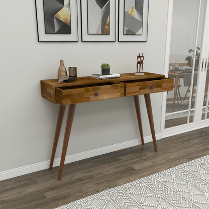 Tesla Handmade Pine Wood Console Table with 2 Drawers Destina Home Walnut