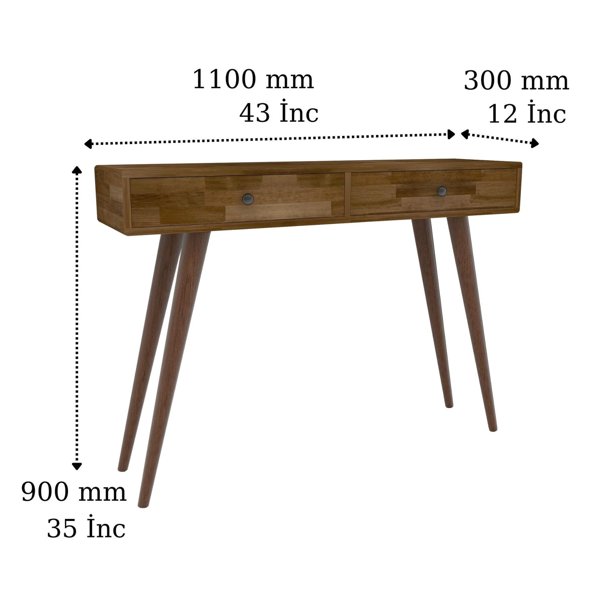 Tesla Handmade Pine Wood Console Table with 2 Drawers Destina Home Walnut