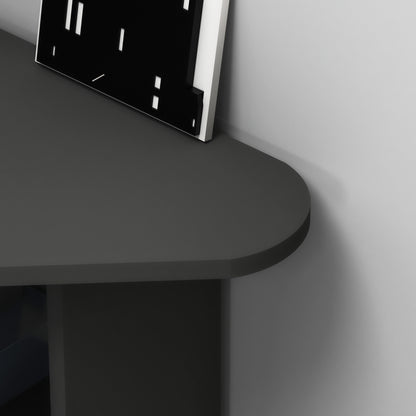 Modern anthracite corner computer desk with 4 shelves, rounded triangular desktop, 105 cm wide