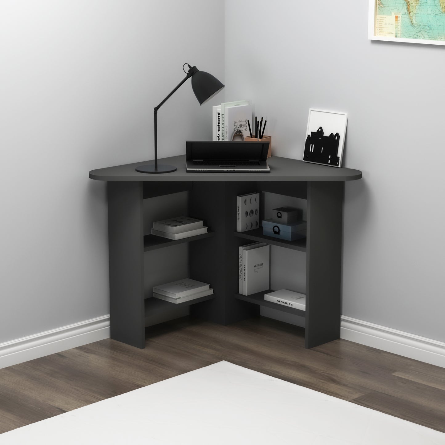 Modern anthracite corner computer desk with 4 shelves, rounded triangular desktop, 105 cm wide