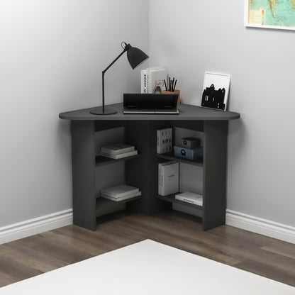 Modern anthracite corner computer desk with 4 shelves, rounded triangular desktop, 105 cm wide
