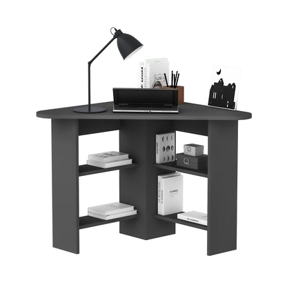 Modern anthracite corner computer desk with 4 shelves, rounded triangular desktop, 105 cm wide
