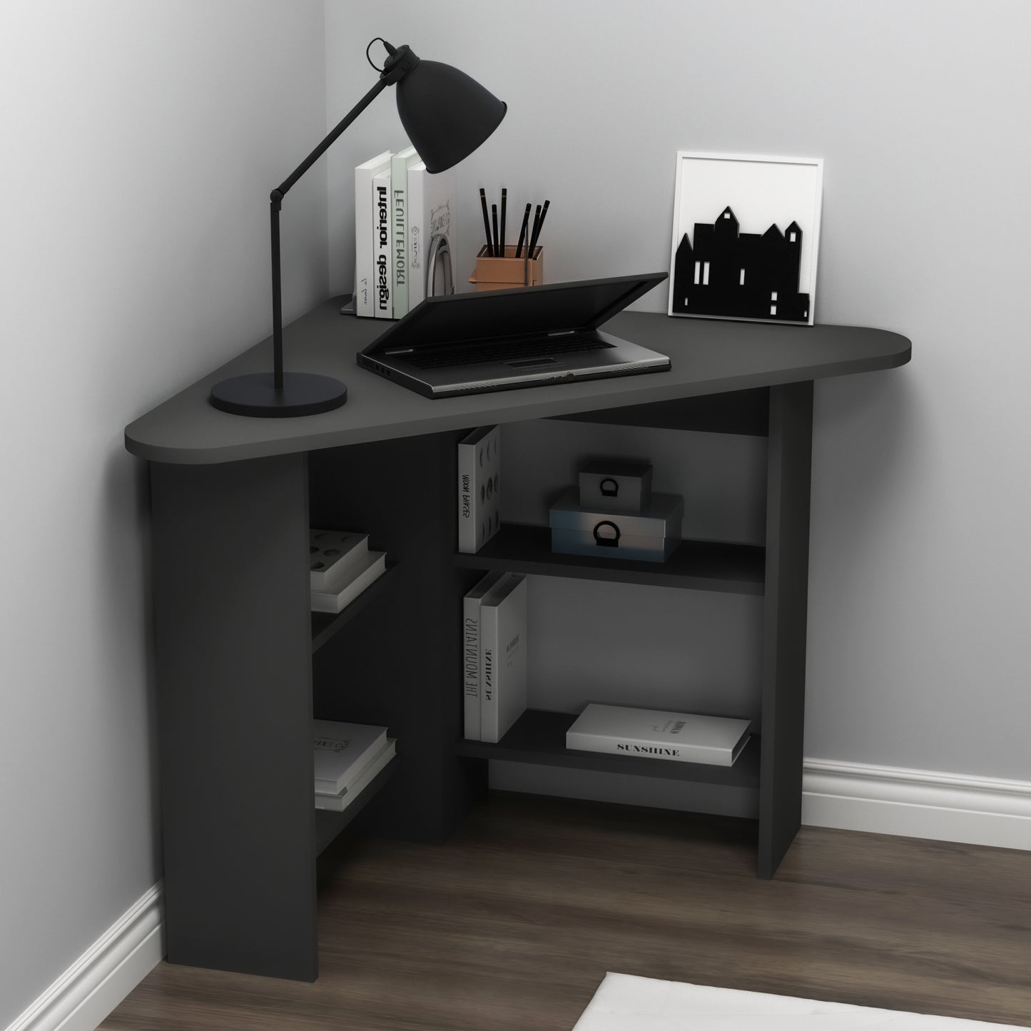 Modern anthracite corner computer desk with 4 shelves, rounded triangular desktop, 105 cm wide