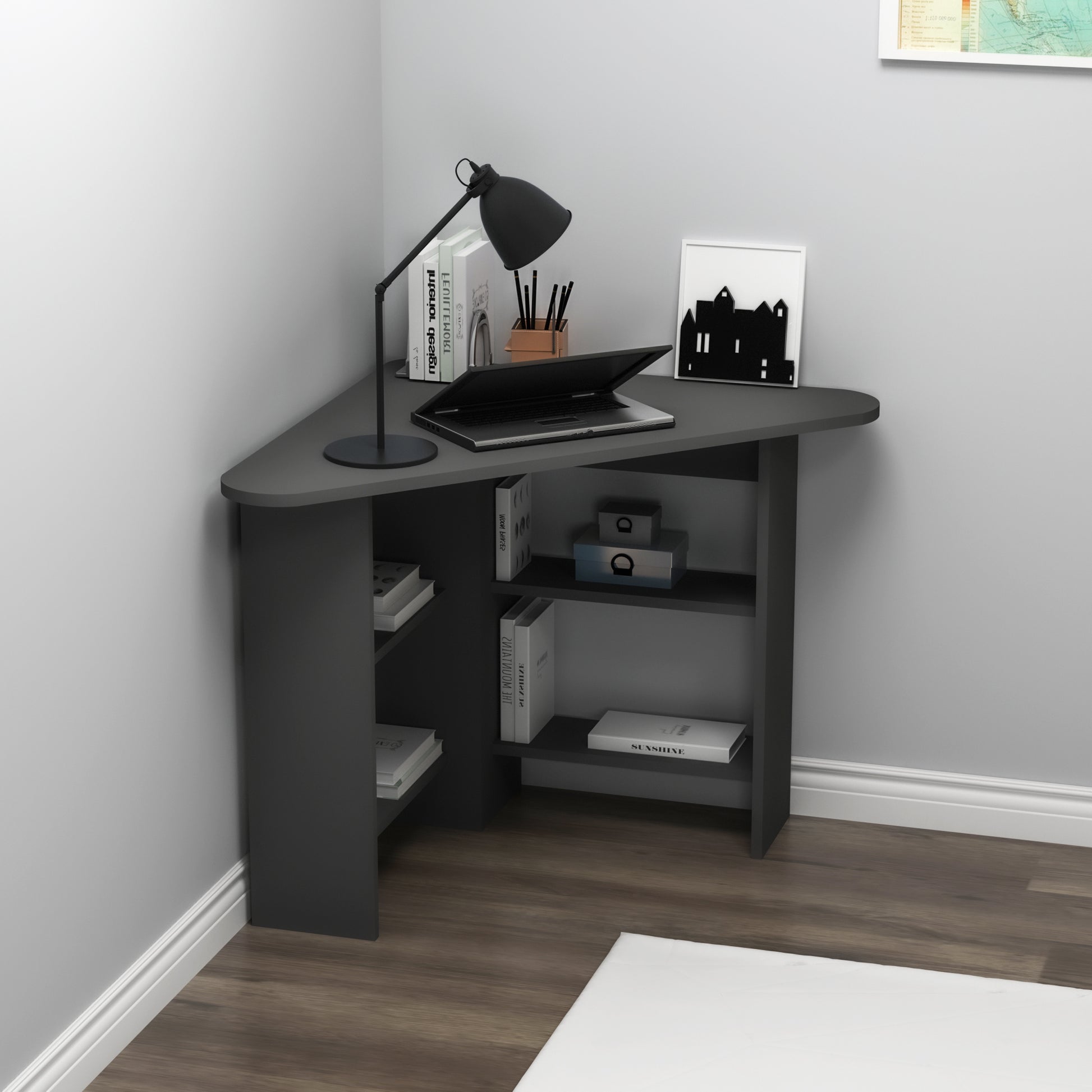 Modern anthracite corner computer desk with 4 shelves, rounded triangular desktop, 105 cm wide