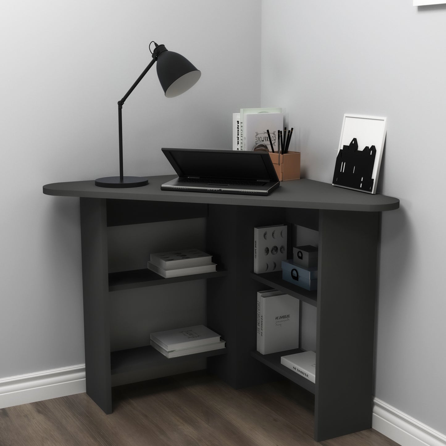 Modern anthracite corner computer desk with 4 shelves, rounded triangular desktop, 105 cm wide