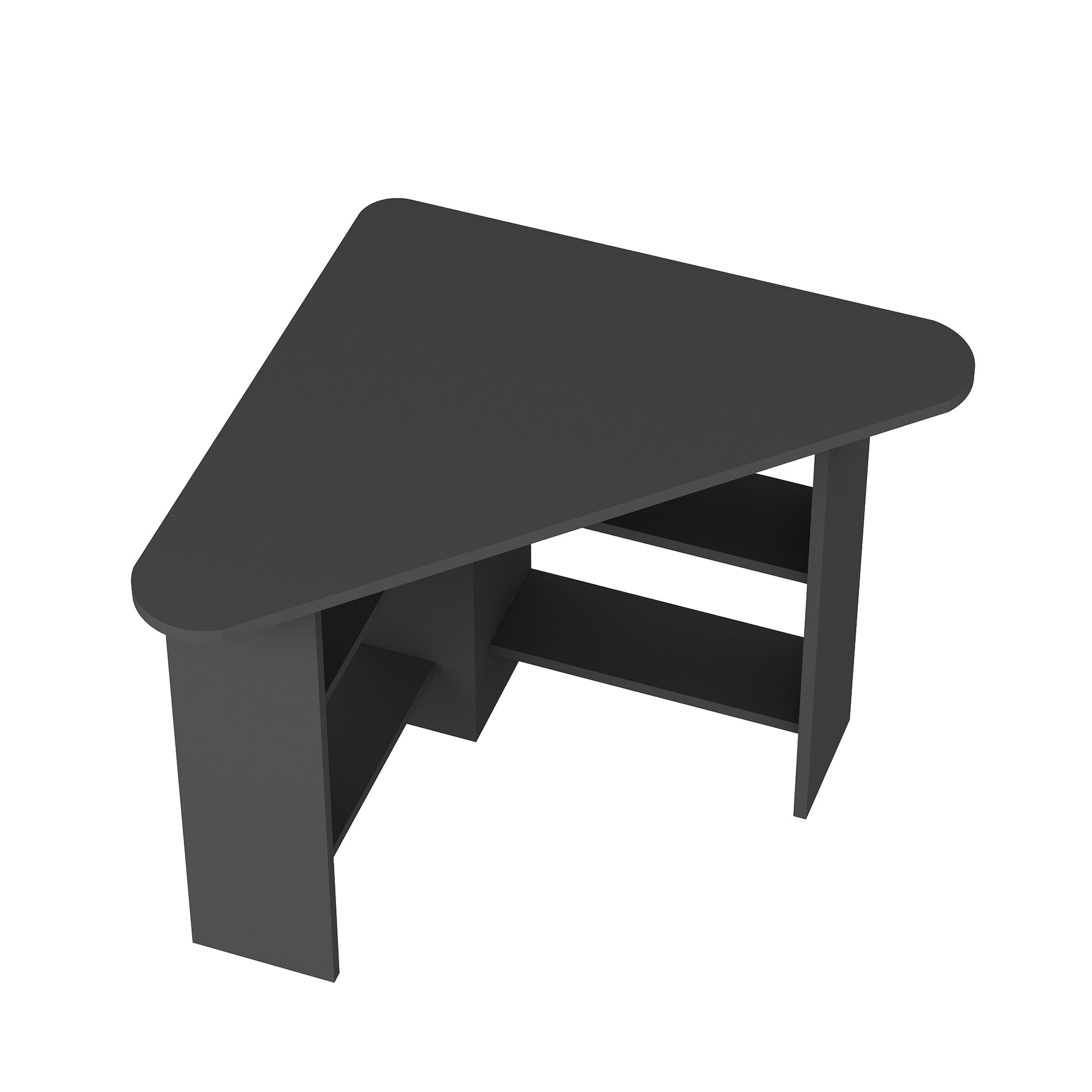 Modern anthracite corner computer desk with 4 shelves, rounded triangular desktop, 105 cm wide