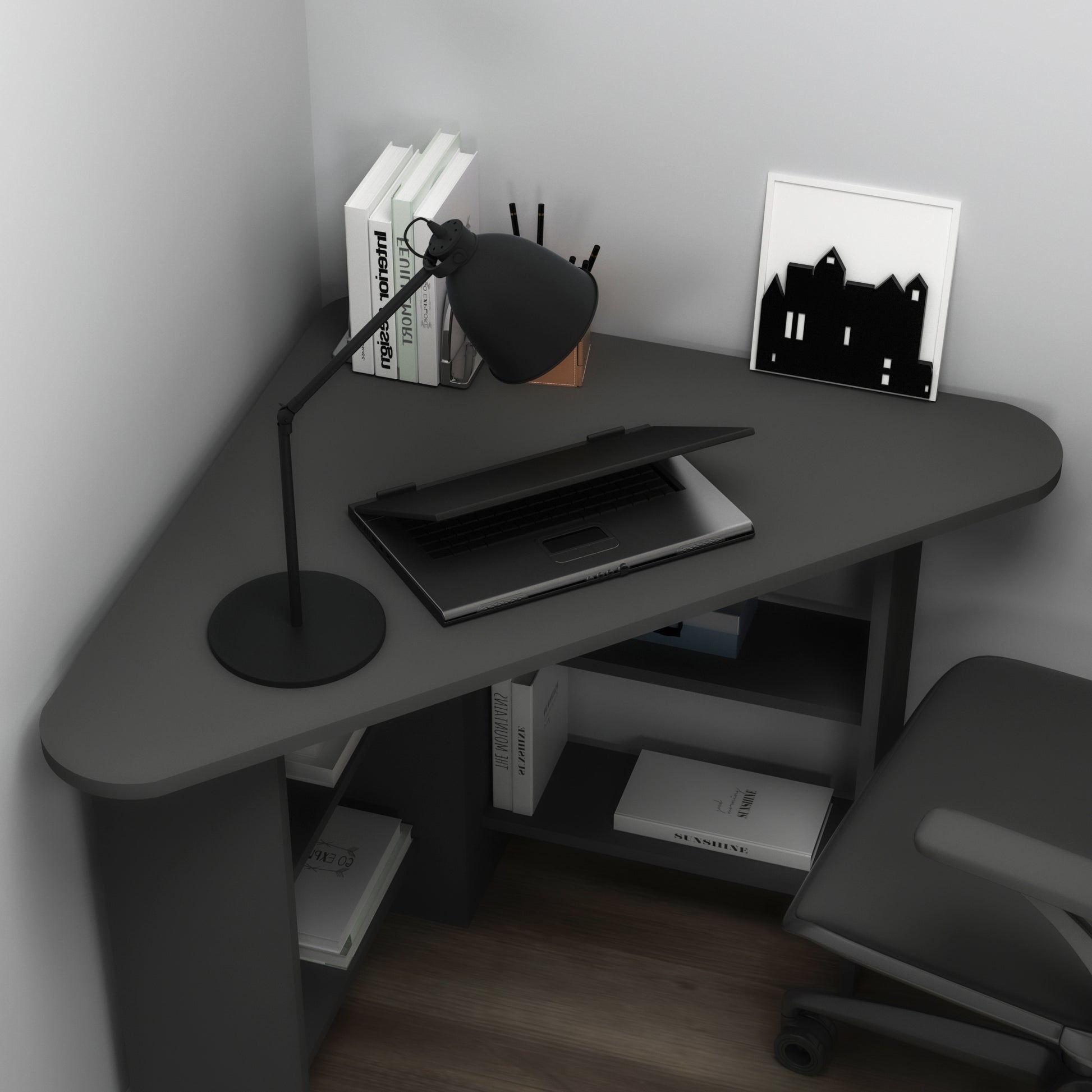 Modern anthracite corner computer desk with 4 shelves, rounded triangular desktop, 105 cm wide