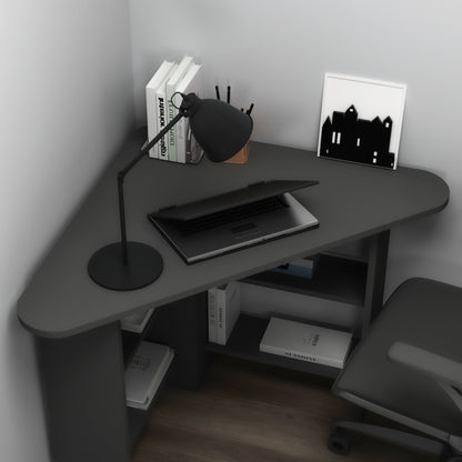 Modern anthracite corner computer desk with 4 shelves, rounded triangular desktop, 105 cm wide