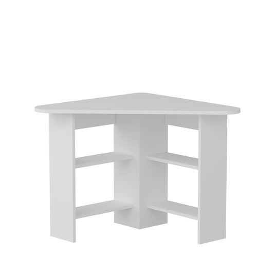 Modern white corner computer desk with 4 shelves, rounded triangular desktop, 105 cm wide