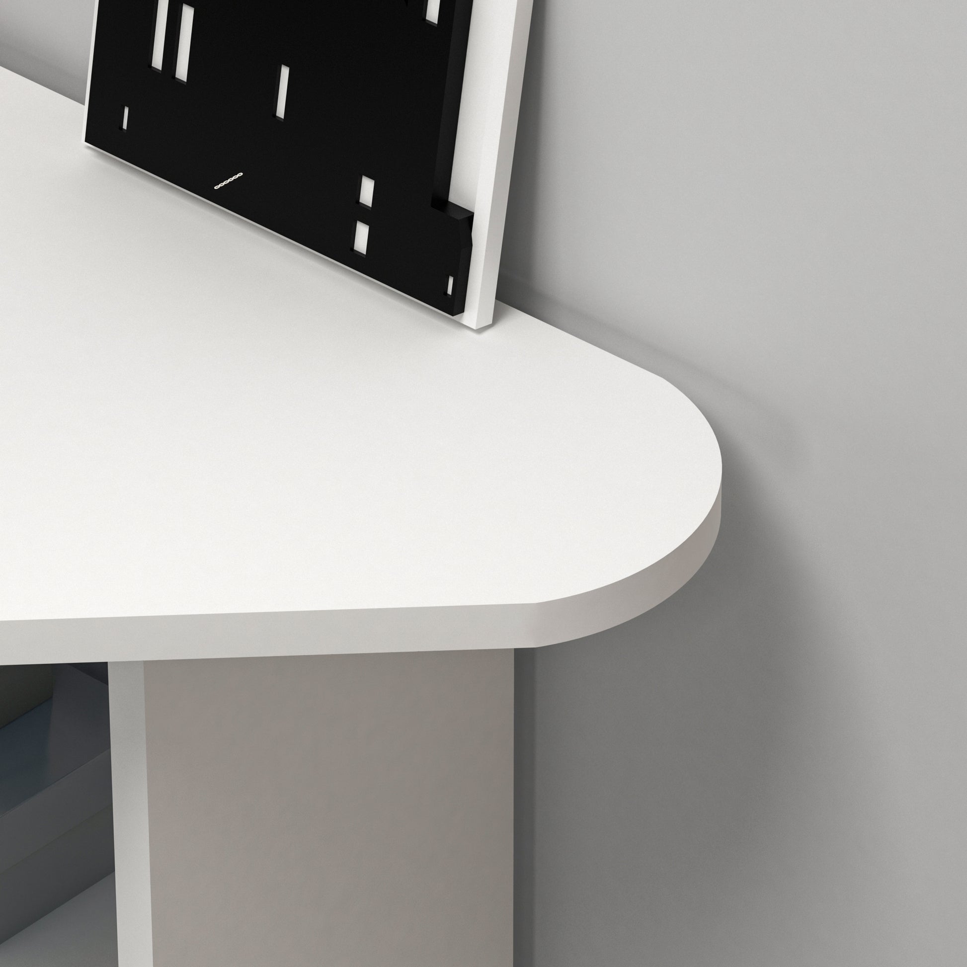 Modern white corner computer desk with 4 shelves, rounded triangular desktop, 105 cm wide