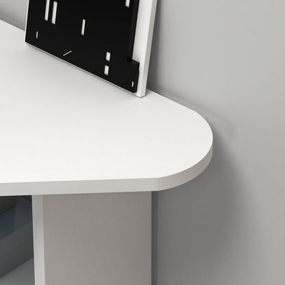 Modern white corner computer desk with 4 shelves, rounded triangular desktop, 105 cm wide