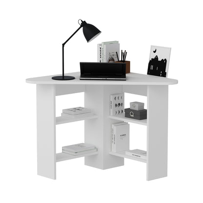 Modern white corner computer desk with 4 shelves, rounded triangular desktop, 105 cm wide