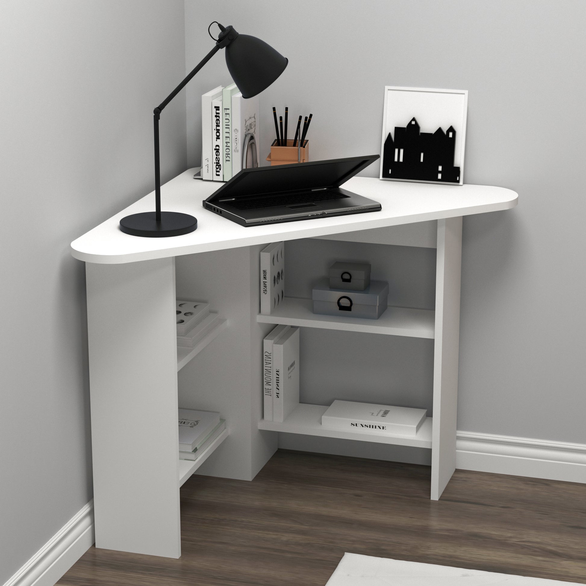 Modern white corner computer desk with 4 shelves, rounded triangular desktop, 105 cm wide