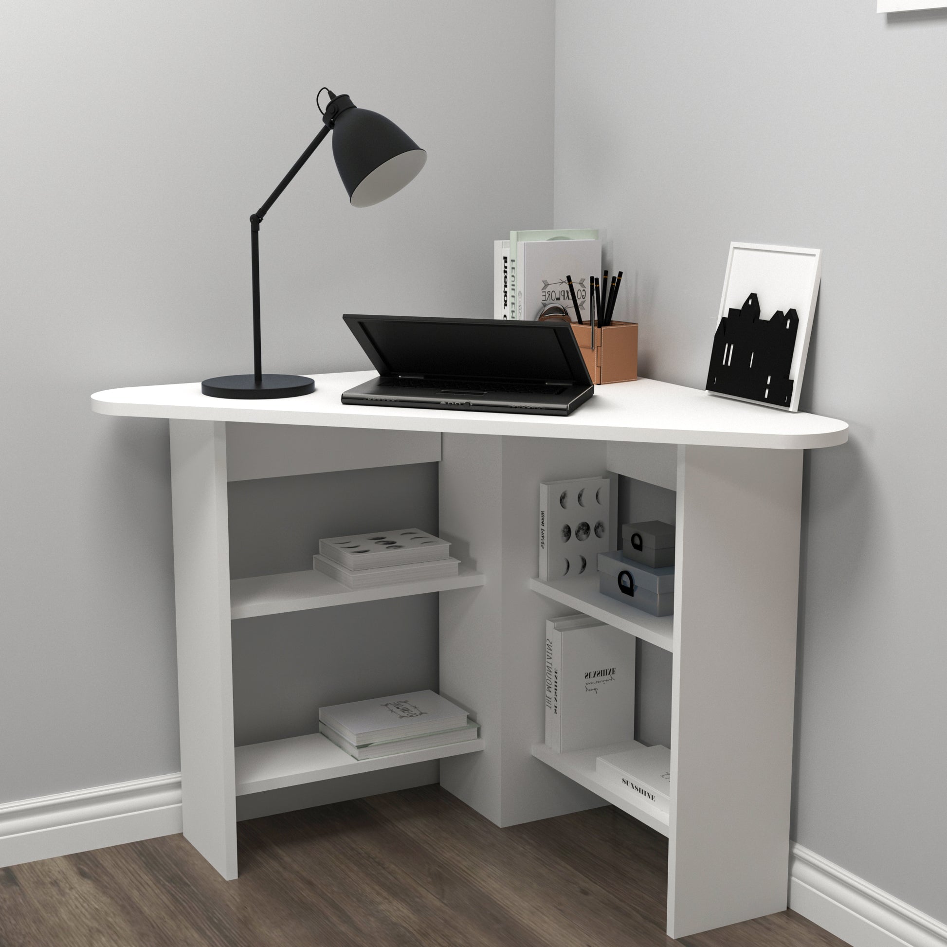 Modern white corner computer desk with 4 shelves, rounded triangular desktop, 105 cm wide