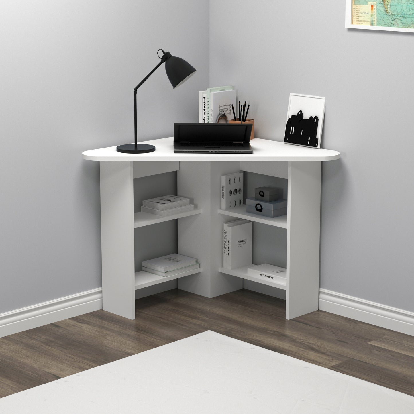 Modern white corner computer desk with 4 shelves, rounded triangular desktop, 105 cm wide