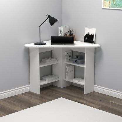 Modern white corner computer desk with 4 shelves, rounded triangular desktop, 105 cm wide