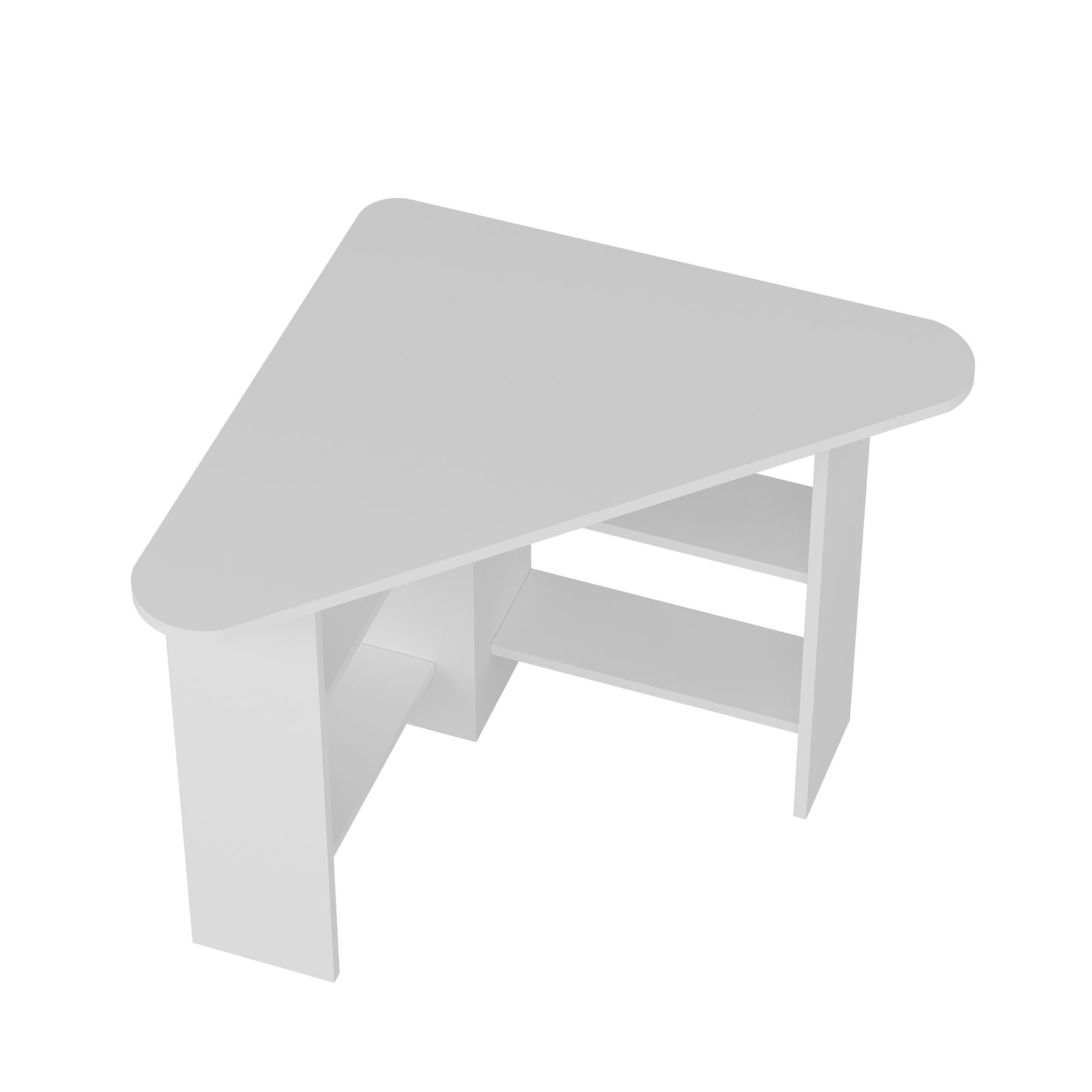 Modern white corner computer desk with 4 shelves, rounded triangular desktop, 105 cm wide